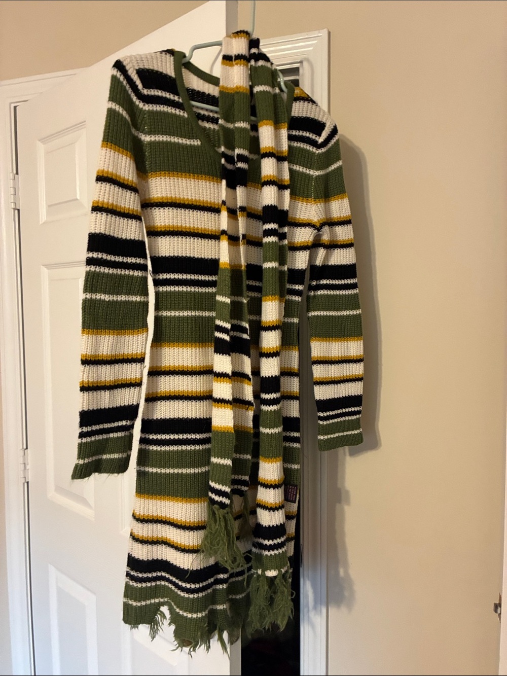 Striped Long-Sleeve Knit Dress with Scarf - Olive, White, Black, Yellow
